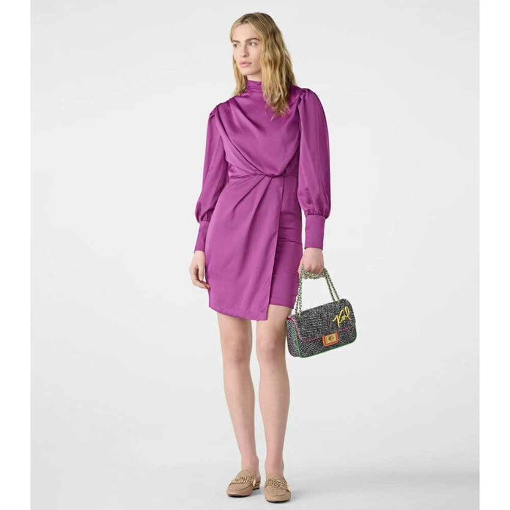 Karl Lagerfeld I Women's Draped Mock Neck Satin Dress Hollyhock Purple